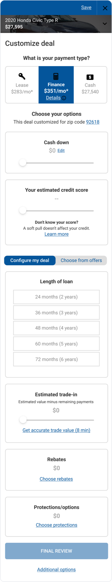Deal builder payment step showing a real monthly finance payment, no account required.