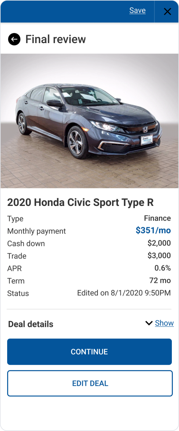 Deal builder final review with the fully itemized deal for a 2020 Honda Civic Sport Type R.