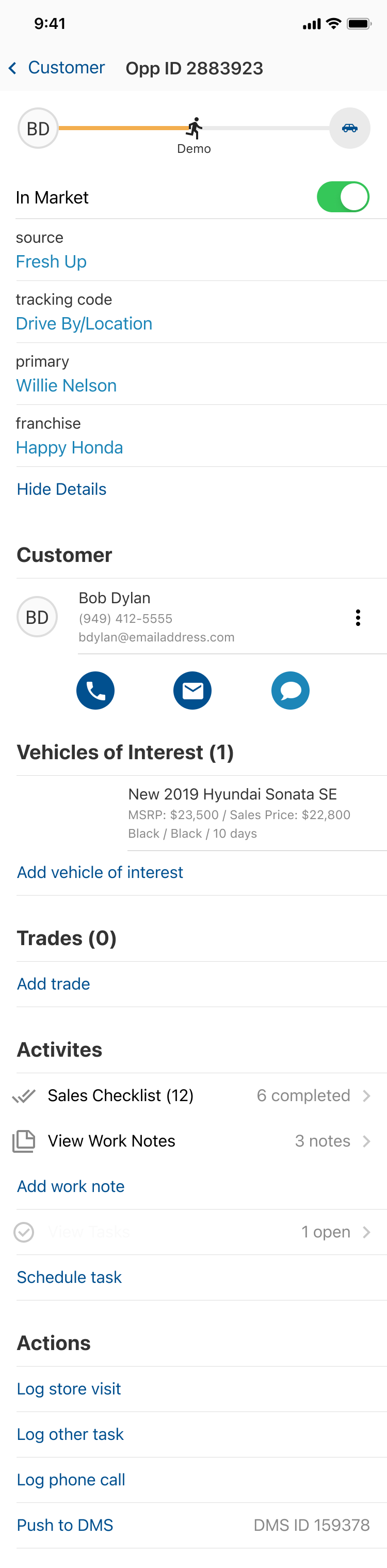 The saved deal in DealerSocket with the customer, vehicle, trade, and activity details.