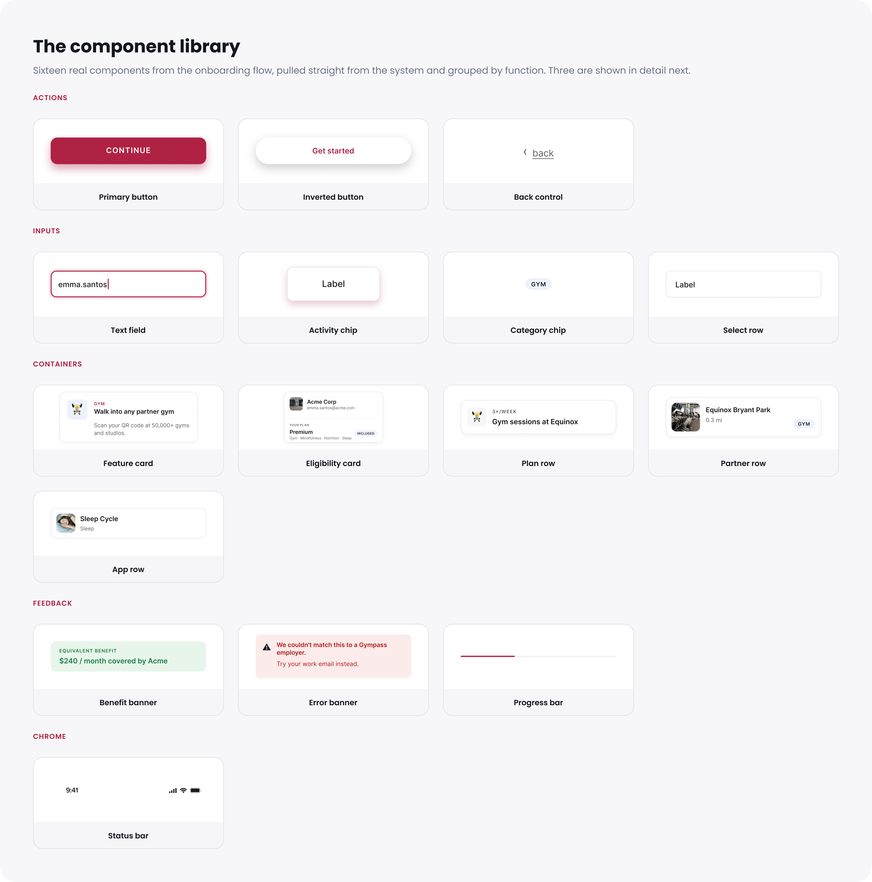 The onboarding component library: primary and inverted buttons, back control, text field, activity and category chips, select row, feature / eligibility / plan / partner / app cards, benefit and error banners, progress bar, and the status-bar chrome.
