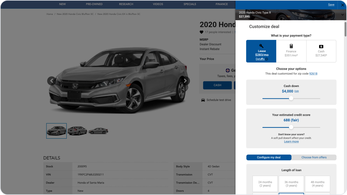 The final deal builder on the dealer's vehicle page, shown on desktop and mobile.