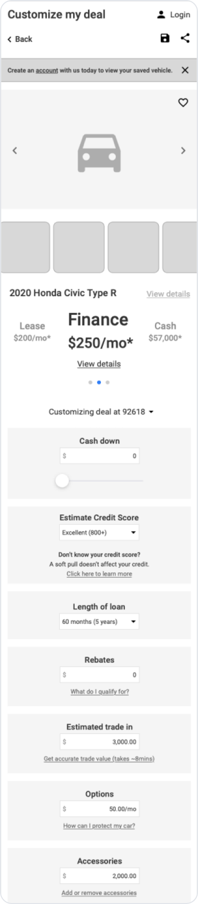 Low-fidelity grayscale wireframe of the deal builder, with the old account step.