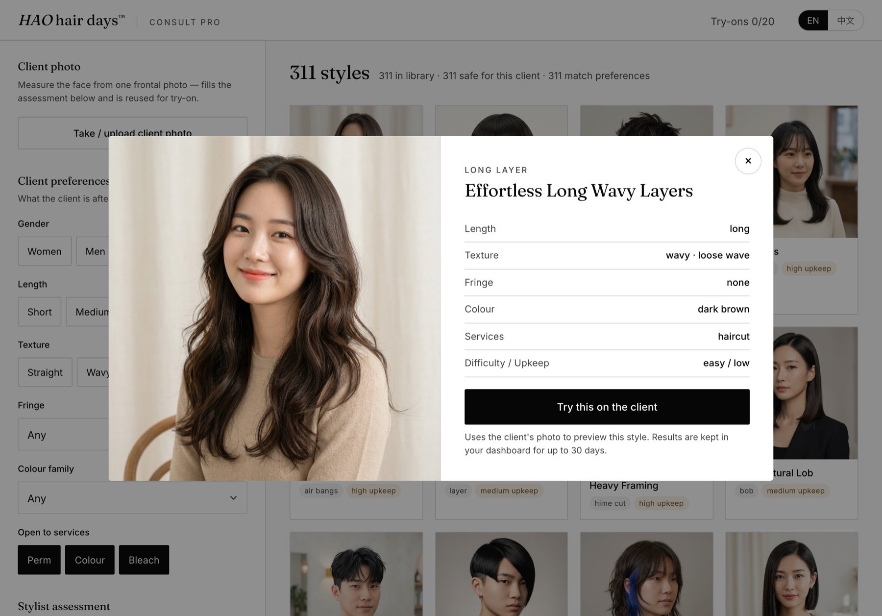 A style detail card in Consult Pro showing length, texture, fringe, colour, services and upkeep, with a 'Try this on the client' button.