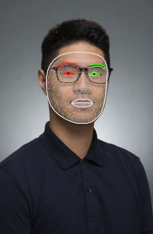 MediaPipe face-landmark mesh overlaid on the customer&rsquo;s photo, with the eyes highlighted in red and green.