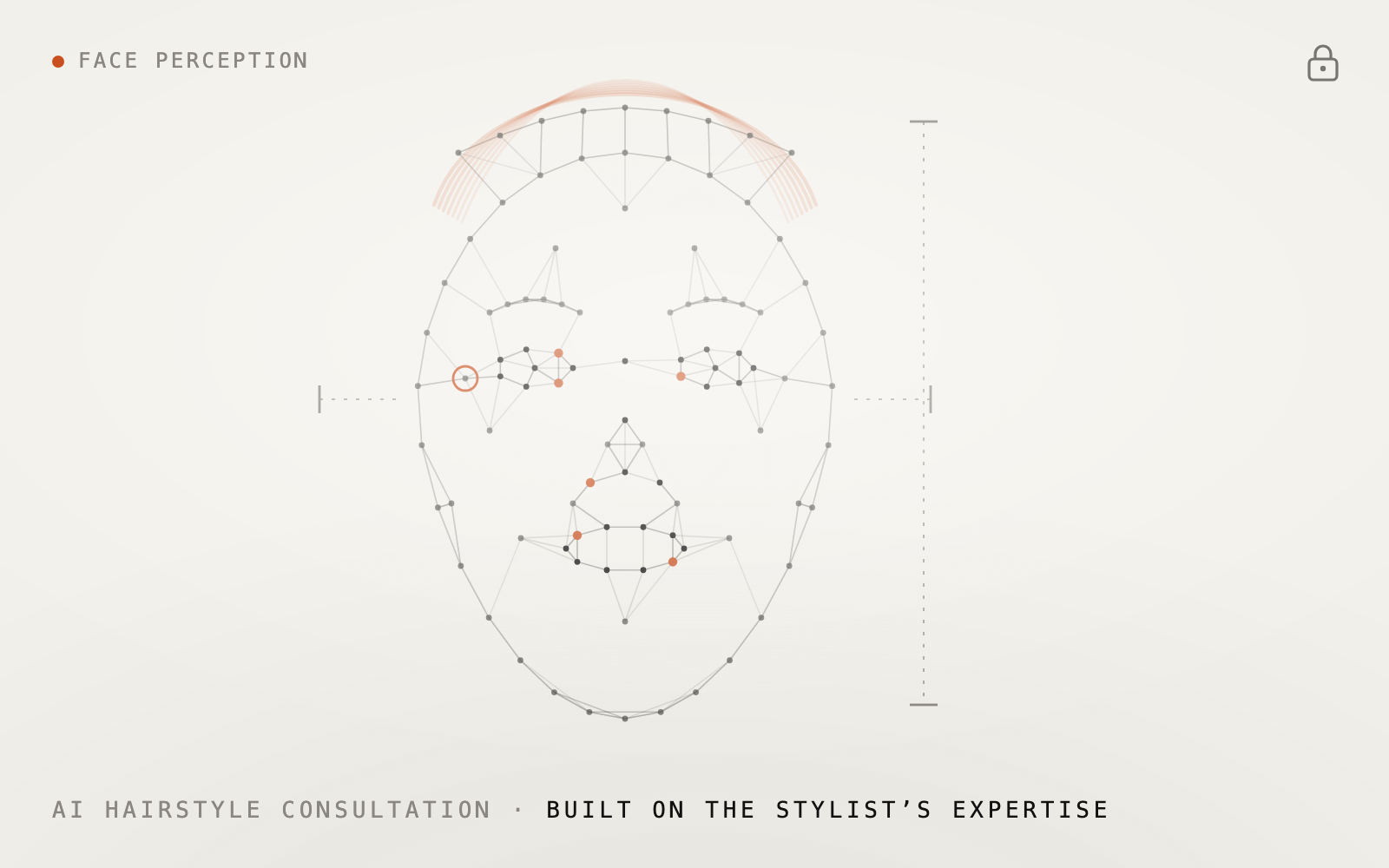An abstract face-landmark mesh with measurement calipers, teasing a password-protected AI hairstyle consultation case study.