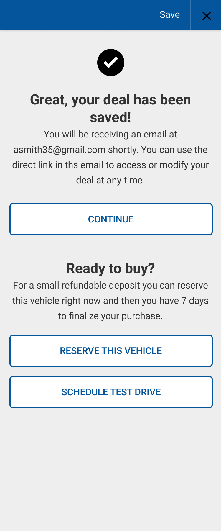Confirmation that the deal was saved, with instructions to use an emailed link to return.