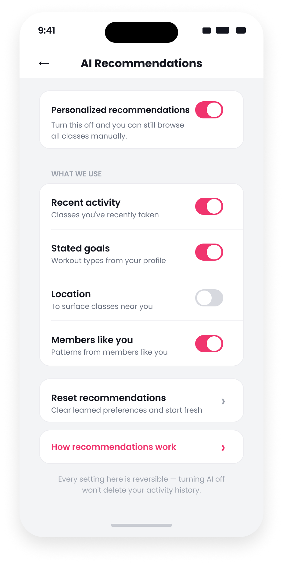 AI settings: individual controls such as location, plus an option to turn personalization off.