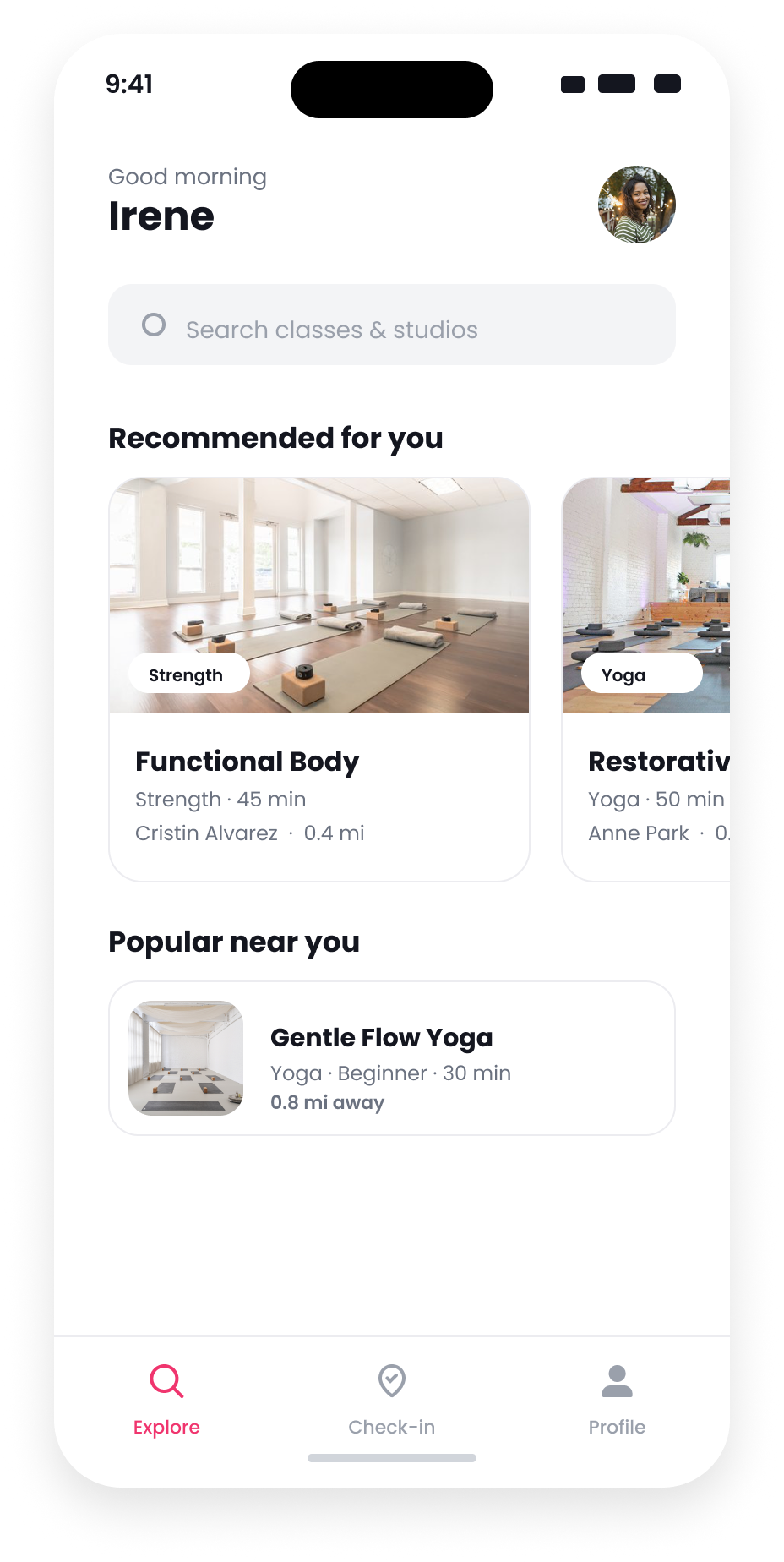 The old discovery feed: nearby classes ranked by popularity, no match score, no explanation. The same popular list could put high-intensity CrossFit in front of a low-intensity yoga regular and beginner mobility in front of an experienced runner.