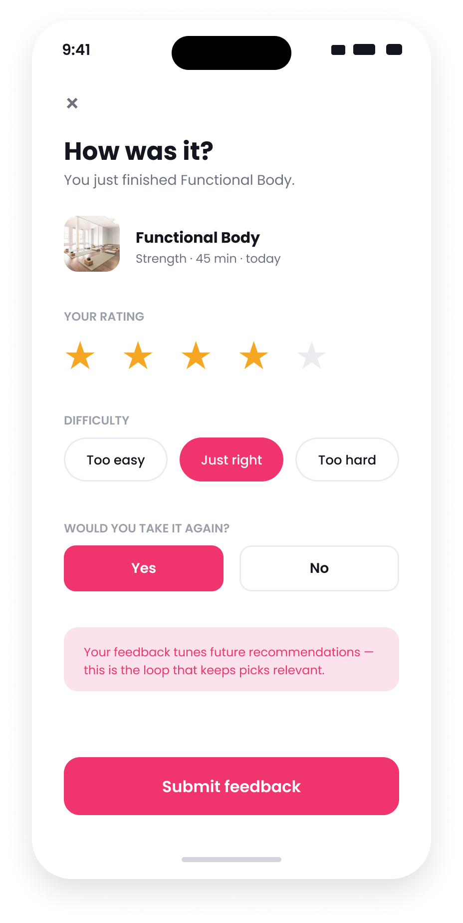Post-class feedback screen.