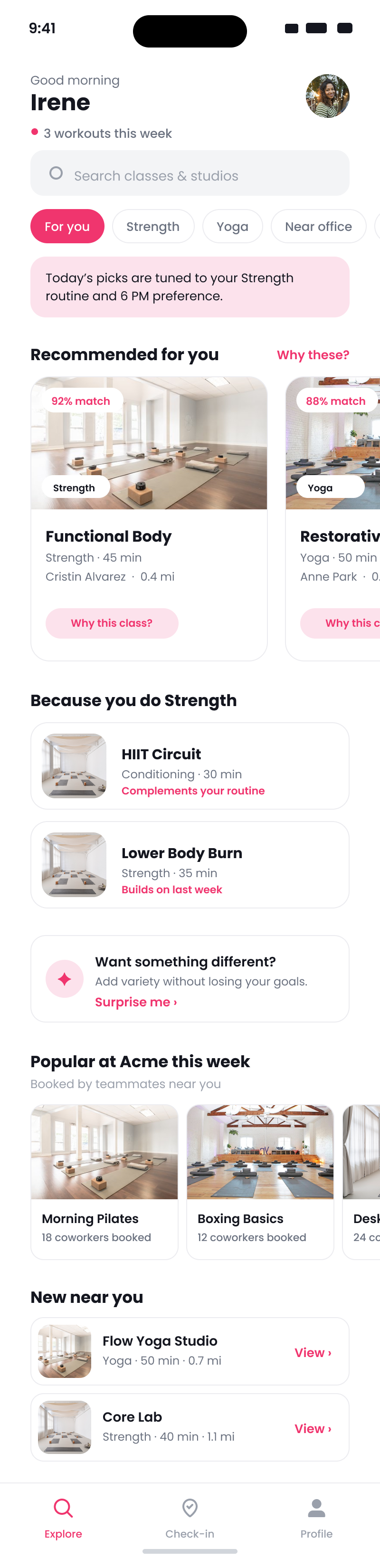 The full personalized home feed: greeting with a weekly stat, search, filter chips, a plain-language note on why today's picks were chosen, the ranked recommendation carousel with match scores and 'Why this class?' links, 'Because you do Strength' continuity cards, a 'Surprise me' variety prompt, a 'Popular at your company' row, and 'New near you' classes.