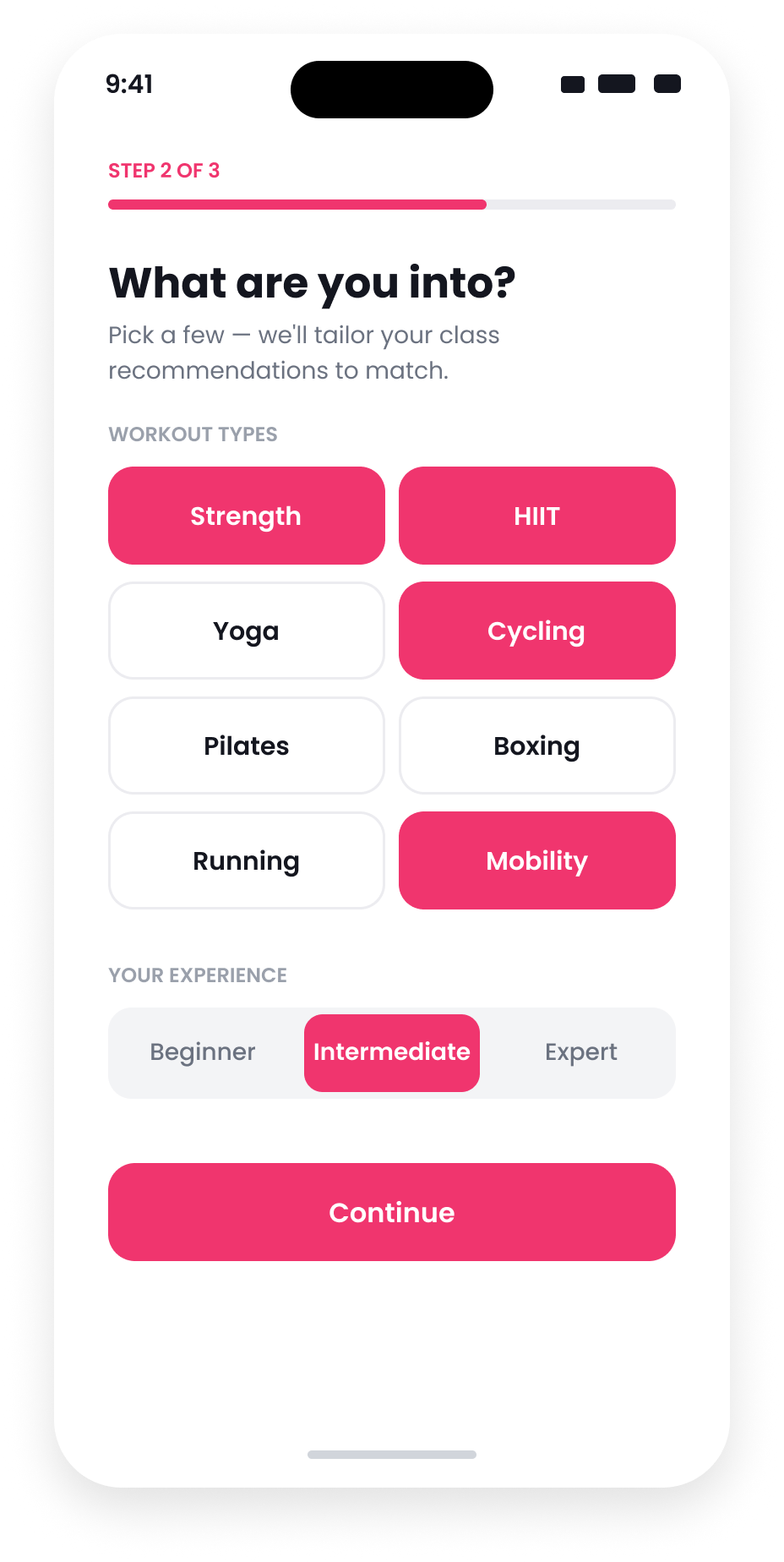 Onboarding: multi-select chips for workout types and experience level, capturing the member's goals and preferred intensity up front.
