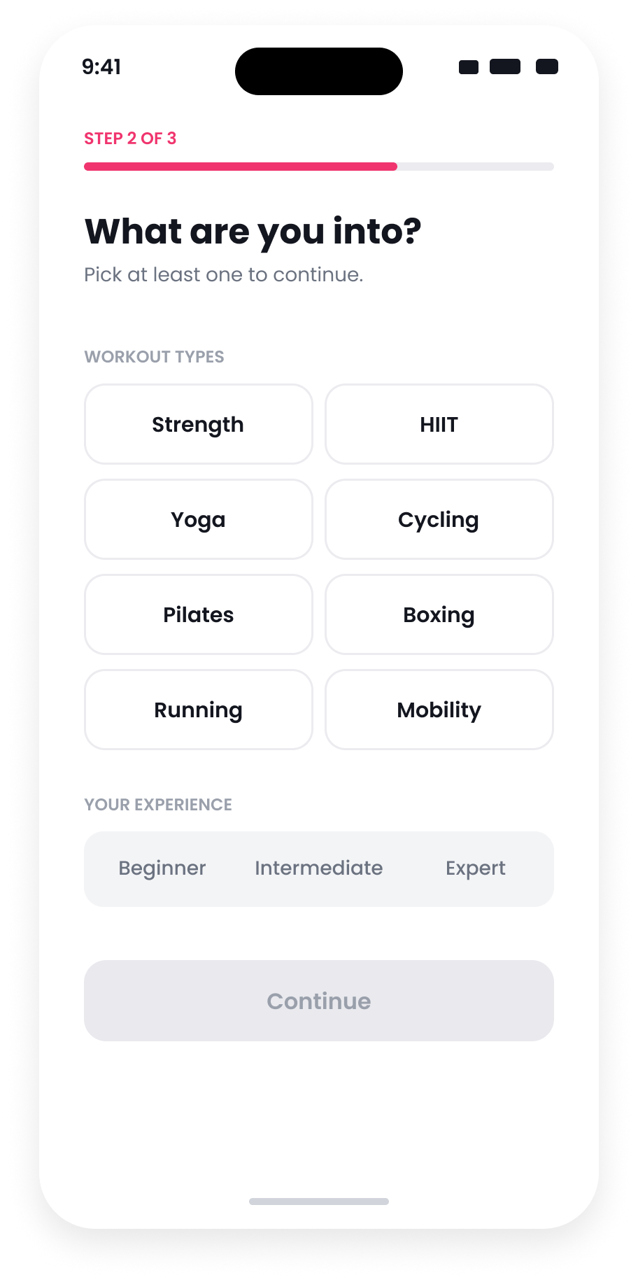 Onboarding with nothing selected.