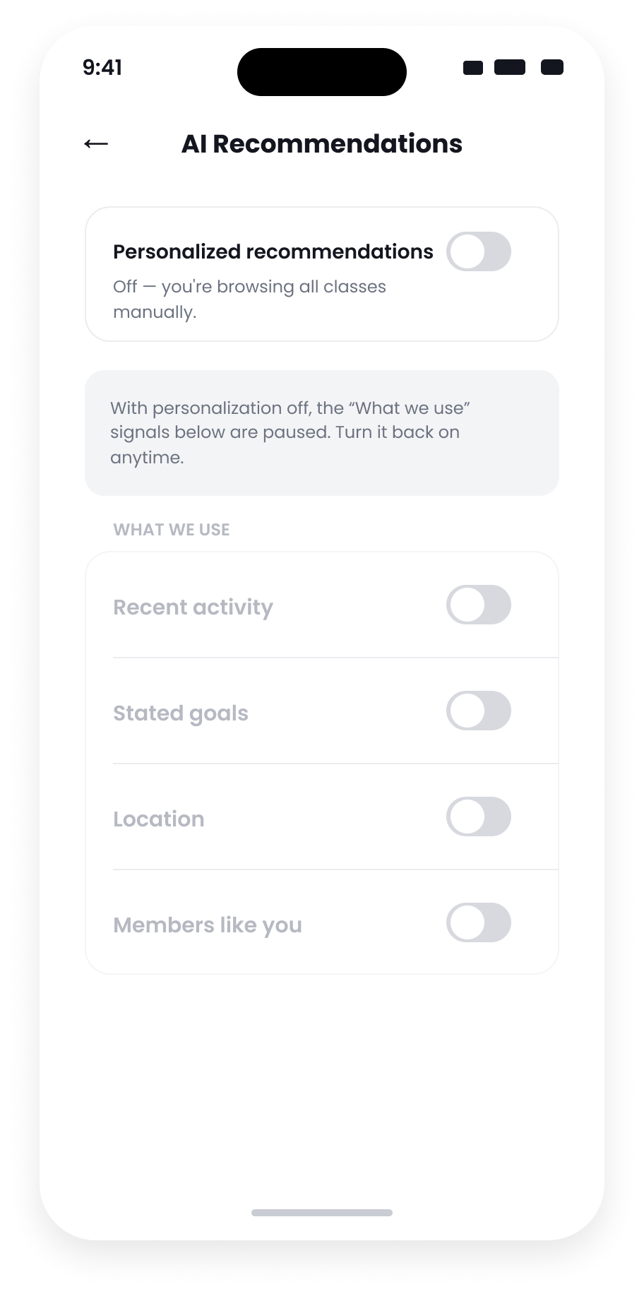 AI settings with personalization off.