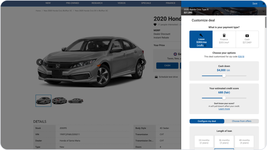 The deal builder on desktop with the vehicle, gallery, and deal panel side by side.
