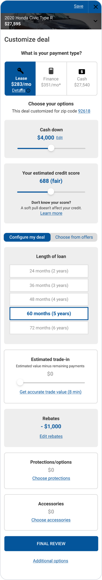 The deal builder on mobile, with a progress footer.