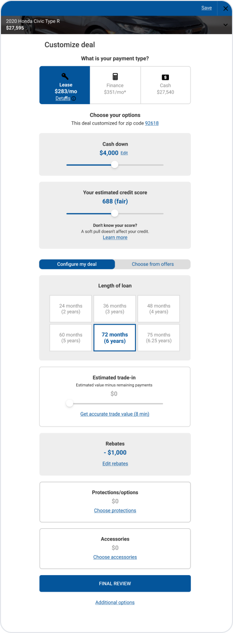 The deal builder on a tablet.