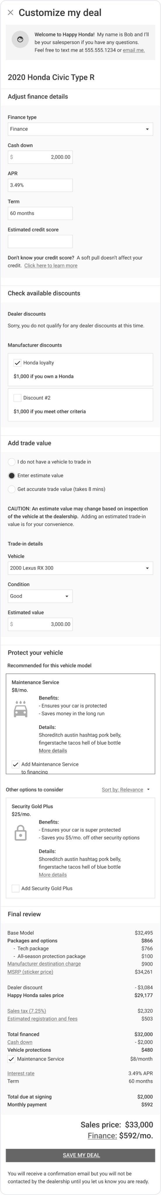 A wireframe with the full deal builder on one long page.