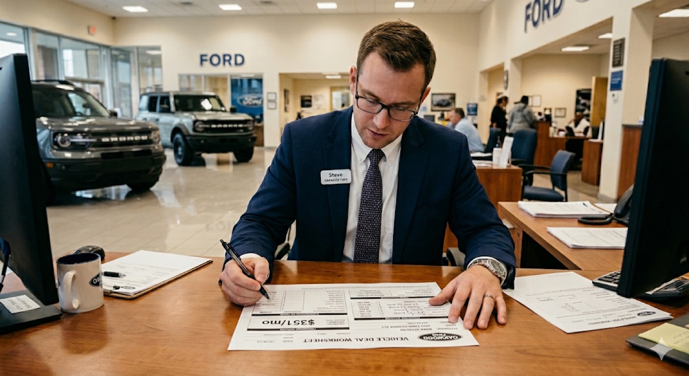 A salesperson at the dealership desk filling out a paper vehicle deal worksheet by hand, vehicles on the showroom floor behind him.